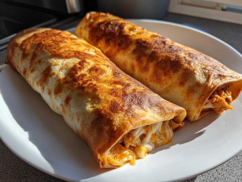 Two golden-brown Baked Chicken Chimichangas resting on a white plate, showing melted cheese filling.