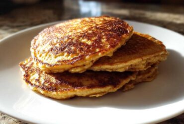 A stack of three golden-brown banana oatmeal pancakes resting on a white plate.