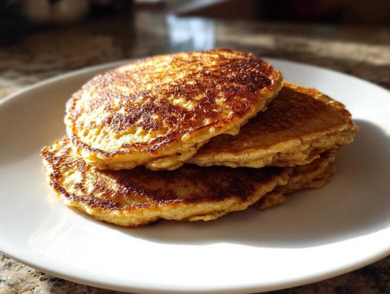 A stack of three golden-brown banana oatmeal pancakes resting on a white plate.