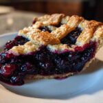 Close-up of a thick slice of blueberry pie recipe showing juicy filling and golden lattice crust.