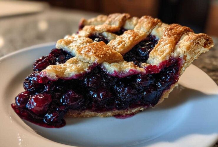 Close-up of a thick slice of blueberry pie recipe showing juicy filling and golden lattice crust.
