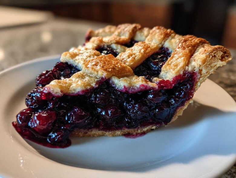 Close-up of a thick slice of blueberry pie recipe showing juicy filling and golden lattice crust.