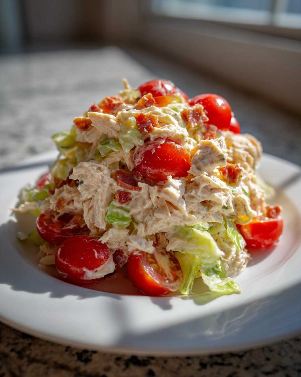 A mound of creamy blt chicken salad mixed with lettuce, topped with halved cherry tomatoes and crispy bacon bits.