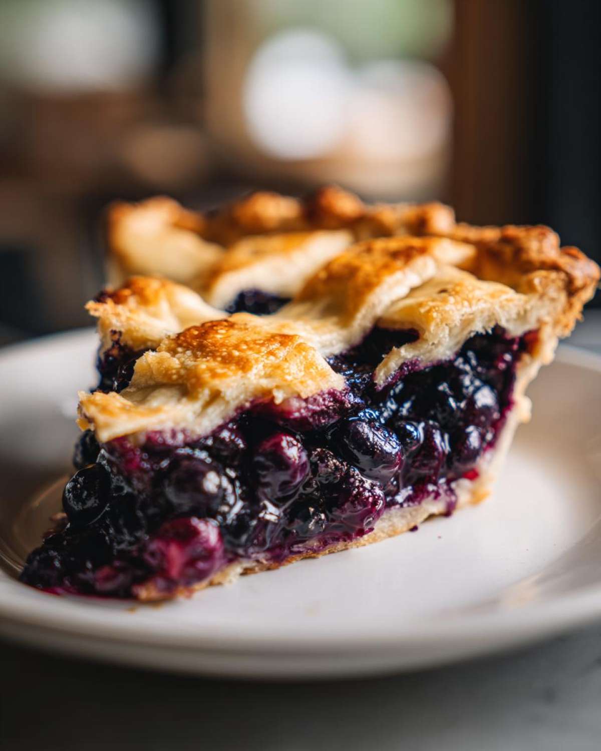 Close-up of a juicy slice of blueberry pie recipe showing the thick, dark filling and golden lattice crust.