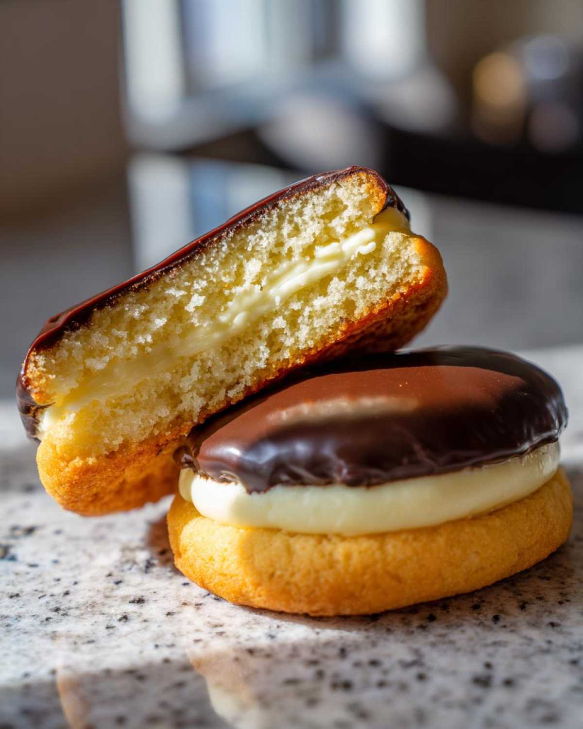 Close-up of two boston cream pie cookies, one whole and one cut in half showing vanilla cream filling and chocolate glaze.