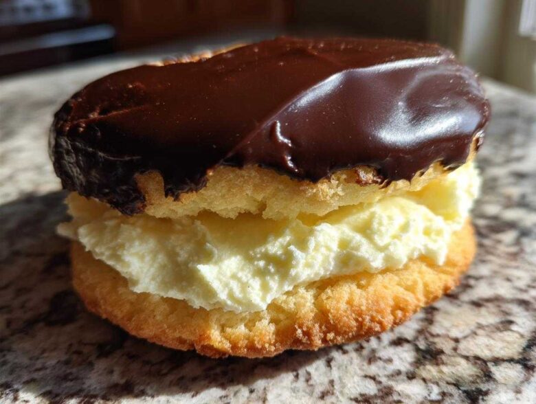 A single, decadent boston cream pie cookie featuring vanilla filling sandwiched between two cakes and topped with shiny chocolate ganache.