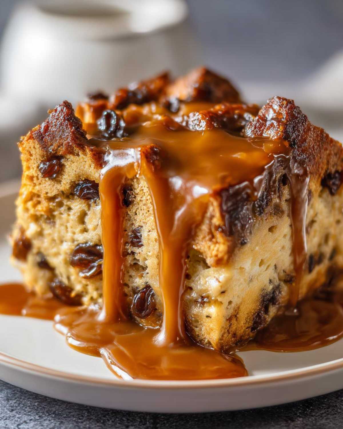 Close-up of a moist slice of bread pudding with raisins, generously topped with rich bourbon sauce.