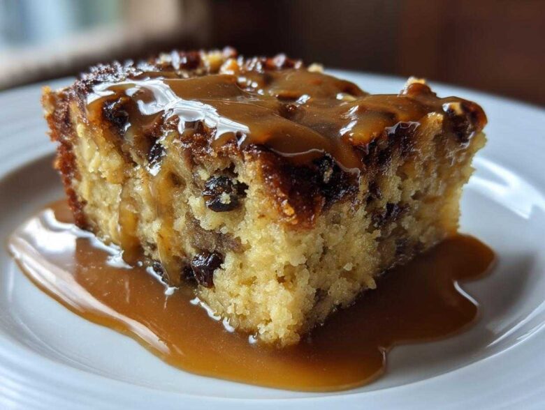 A close-up of a moist slice of bread pudding with bourbon sauce generously drizzled over the top.