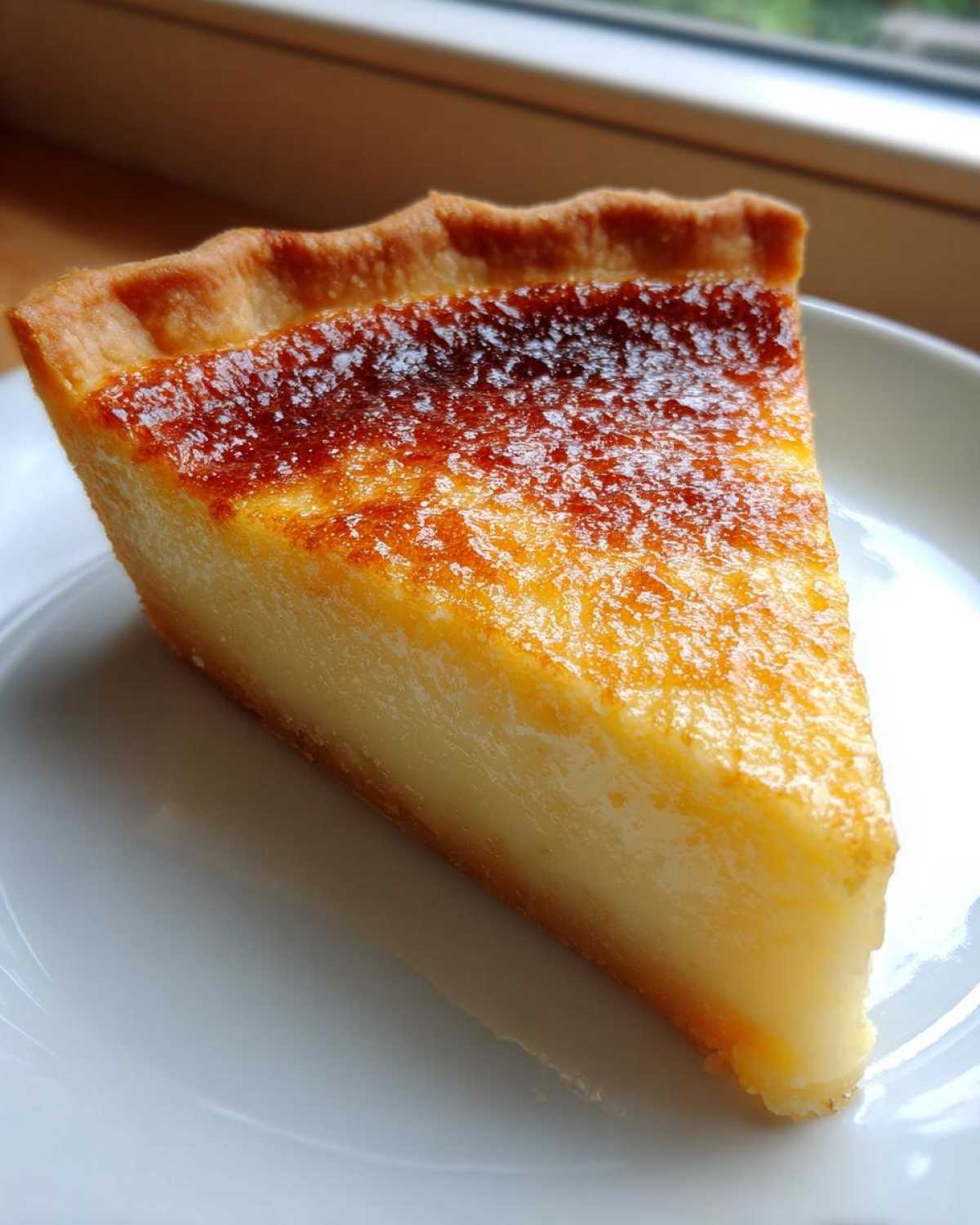 A close-up slice of creamy buttermilk pie showing the golden-brown, slightly caramelized top crust.