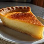 A close-up, sunlit slice of tangy buttermilk pie featuring a creamy yellow filling and a deeply caramelized, browned top crust.