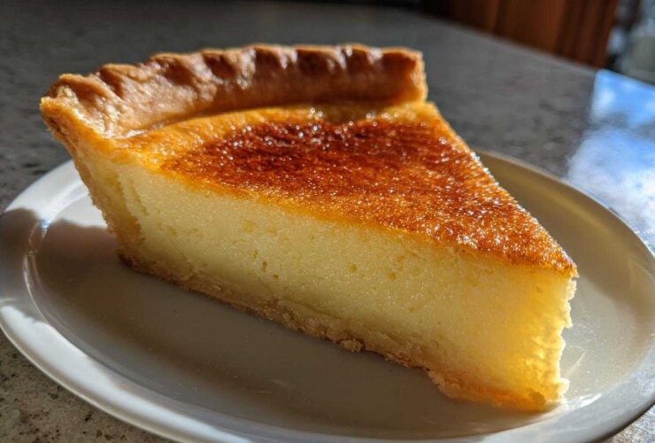 A close-up, sunlit slice of tangy buttermilk pie featuring a creamy yellow filling and a deeply caramelized, browned top crust.