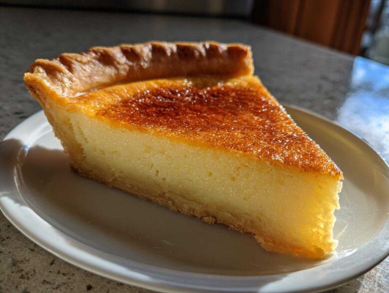 A close-up, sunlit slice of tangy buttermilk pie featuring a creamy yellow filling and a deeply caramelized, browned top crust.