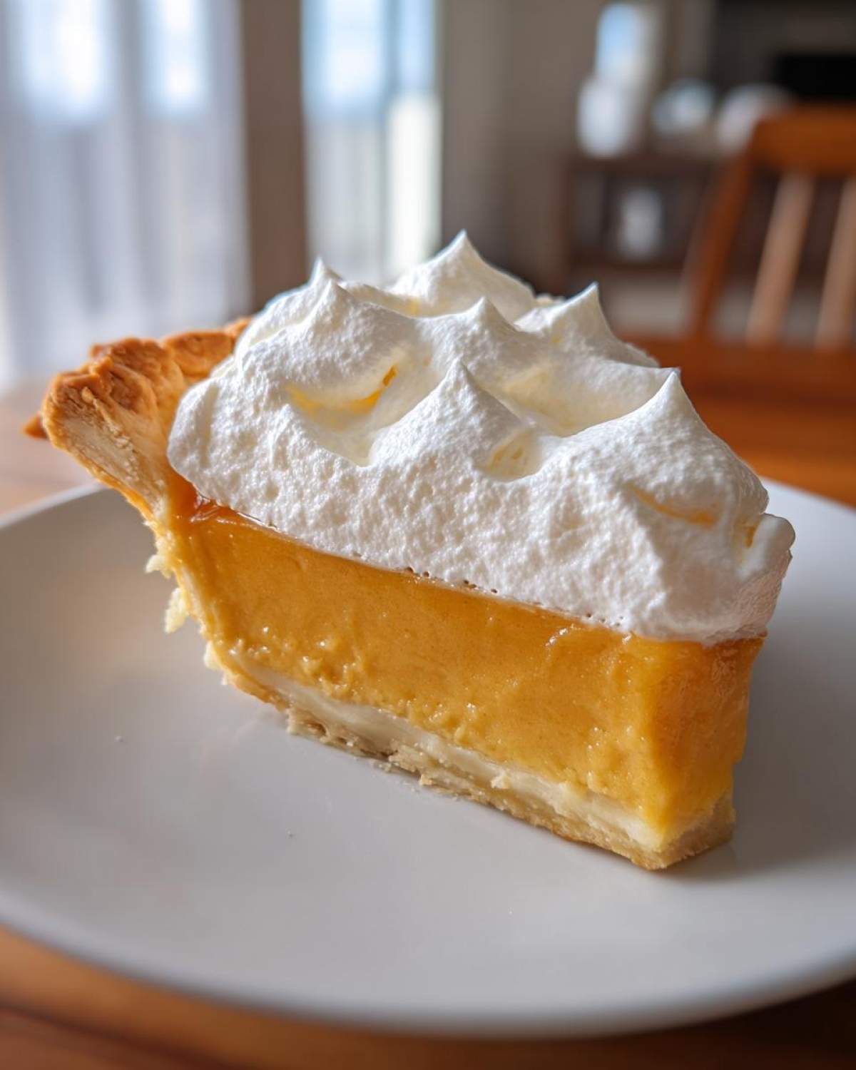 A perfect slice of rich, orange butterscotch pie topped high with stiff peaks of white whipped cream.