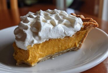 A close-up slice of rich, orange butterscotch pie topped generously with piped whipped cream.