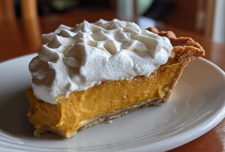 A close-up slice of rich, orange butterscotch pie topped generously with piped whipped cream.
