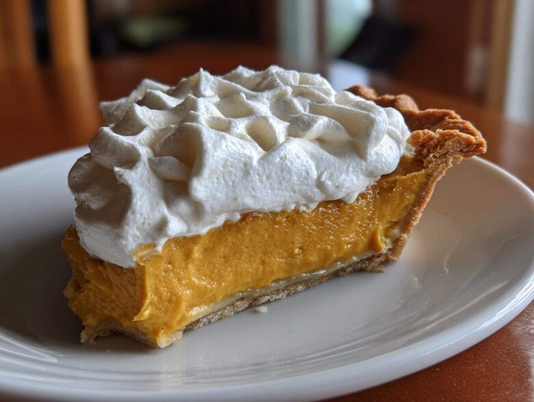 A close-up slice of rich, orange butterscotch pie topped generously with piped whipped cream.