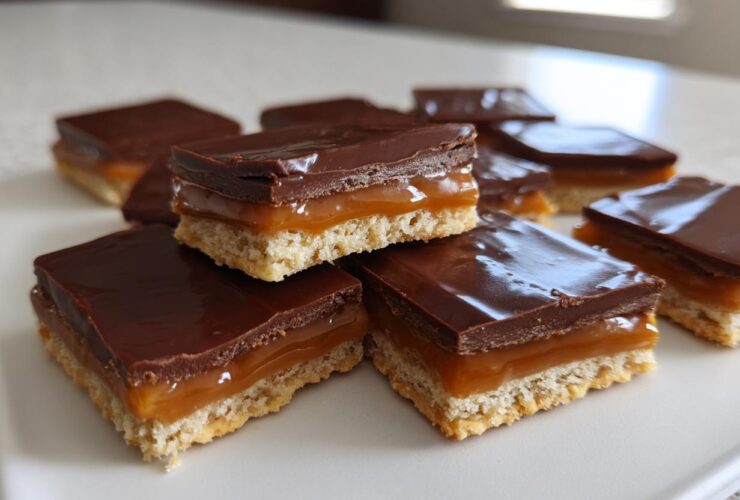 Close-up of layered Caramel Ritz Cracker Christmas Cookies squares with chocolate topping.
