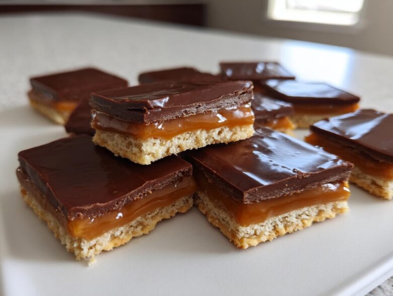 Close-up of layered Caramel Ritz Cracker Christmas Cookies squares with chocolate topping.