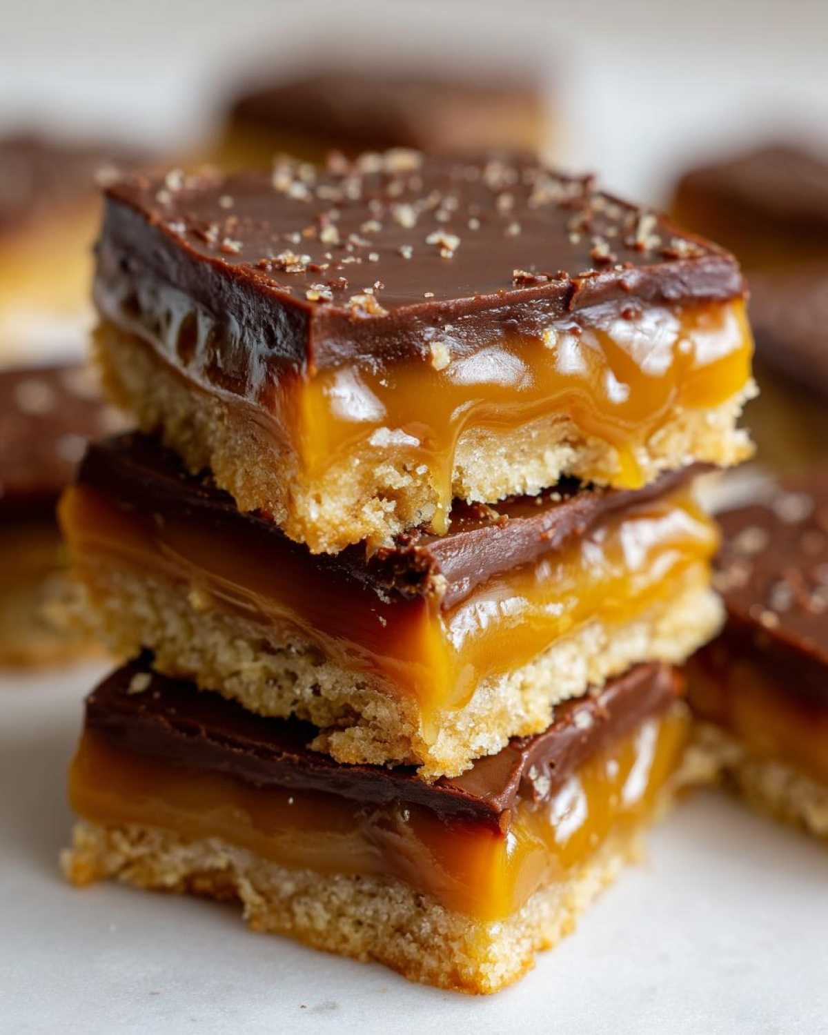 Close-up stack of three caramel ritz cracker christmas cookies bars showing gooey caramel and chocolate topping.
