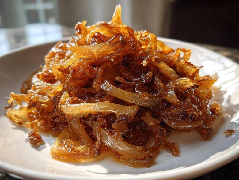 Close-up of a mound of deeply browned and glossy caramelized onions served on a white plate.