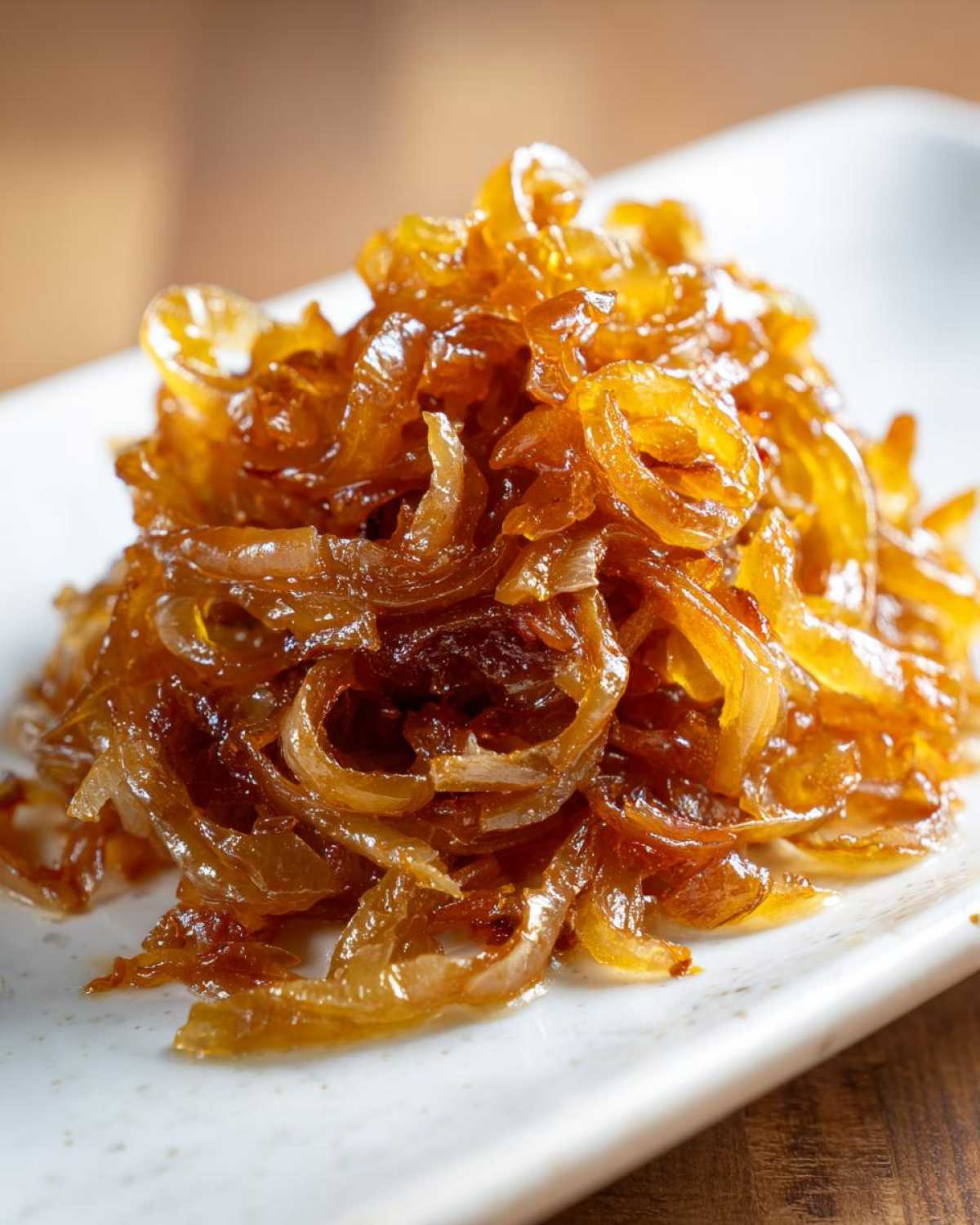 Close-up of a rich pile of glossy, deeply browned caramelized onions served on a white rectangular dish.