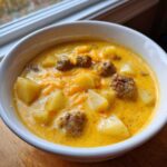 Close-up of a creamy, yellow cheeseburger soup recipe featuring chunks of potato, browned meatball pieces, and melted cheddar cheese.