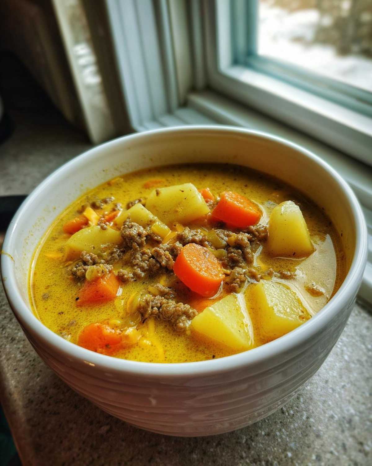 A close-up of a white bowl filled with rich, yellow cheeseburger soup recipe containing ground beef, cubed potatoes, and carrots.