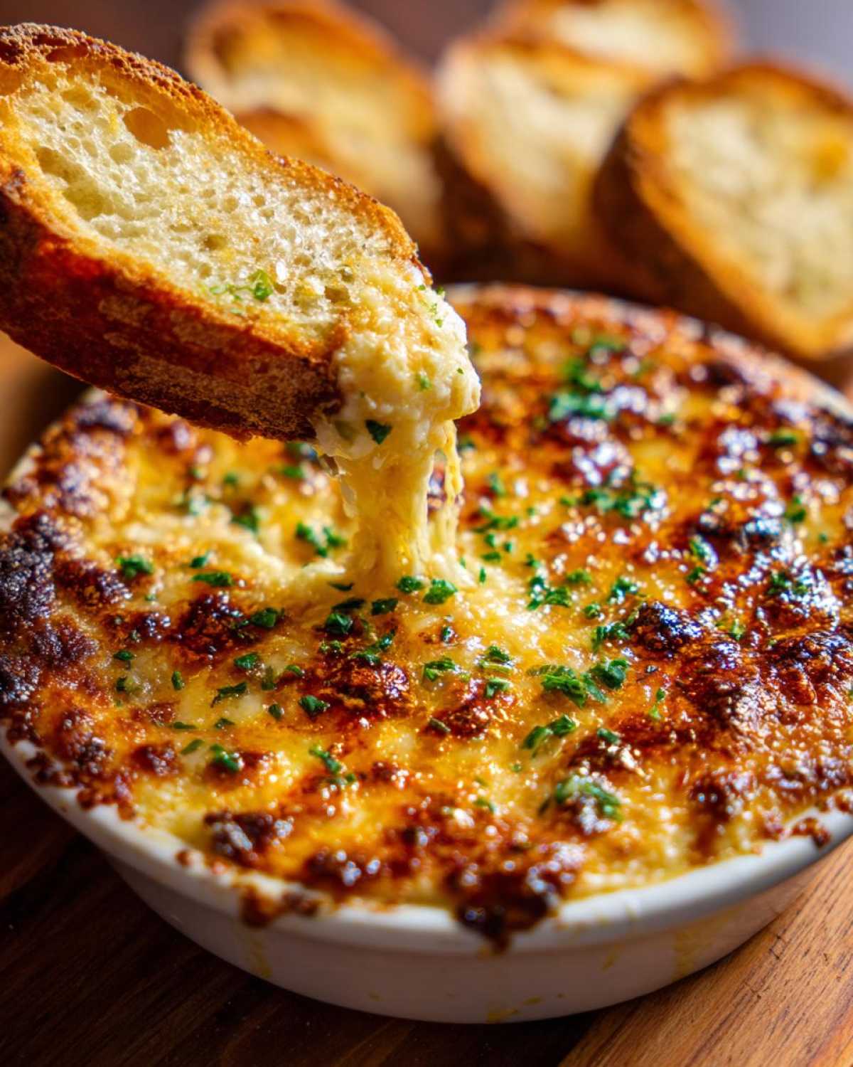 A piece of toasted bread is dipped into a hot, bubbly, cheesy bread dip, showing a cheese pull.