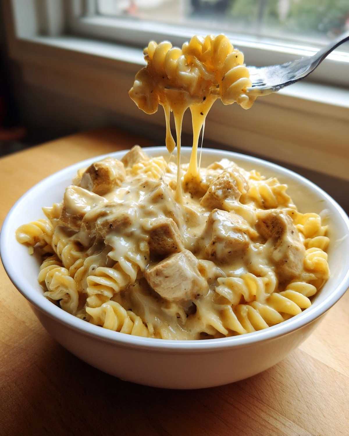 A fork lifts cheesy chicken pasta, showing long, gooey cheese strings stretching from the bowl of creamy cheesy chicken pasta.