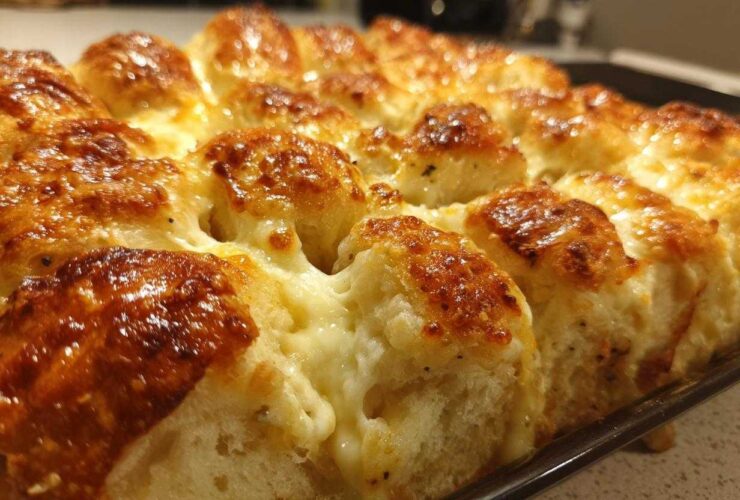 Close-up of baked Hawaiian roll garlic bread with melted, golden-brown cheese bubbling between the rolls.