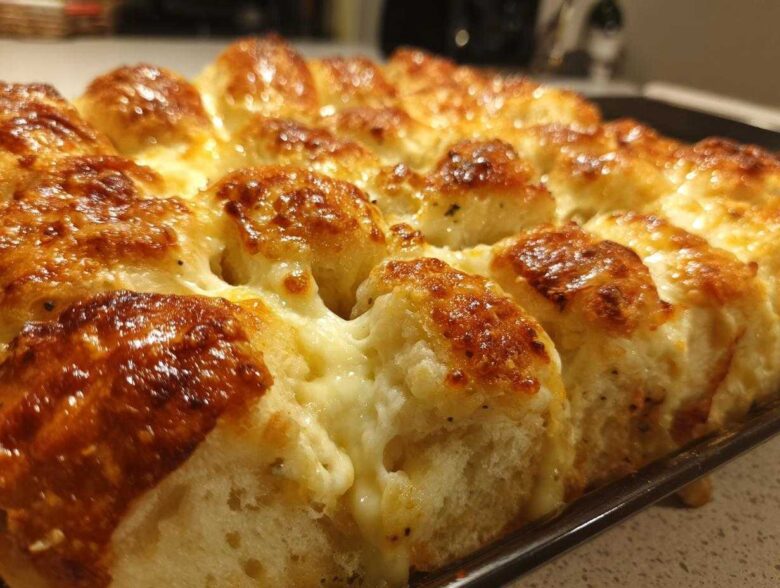 Close-up of baked Hawaiian roll garlic bread with melted, golden-brown cheese bubbling between the rolls.