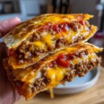 A person holding a cross-section of a homemade mexican pizza showing seasoned ground beef, melted cheddar cheese, and sauce.