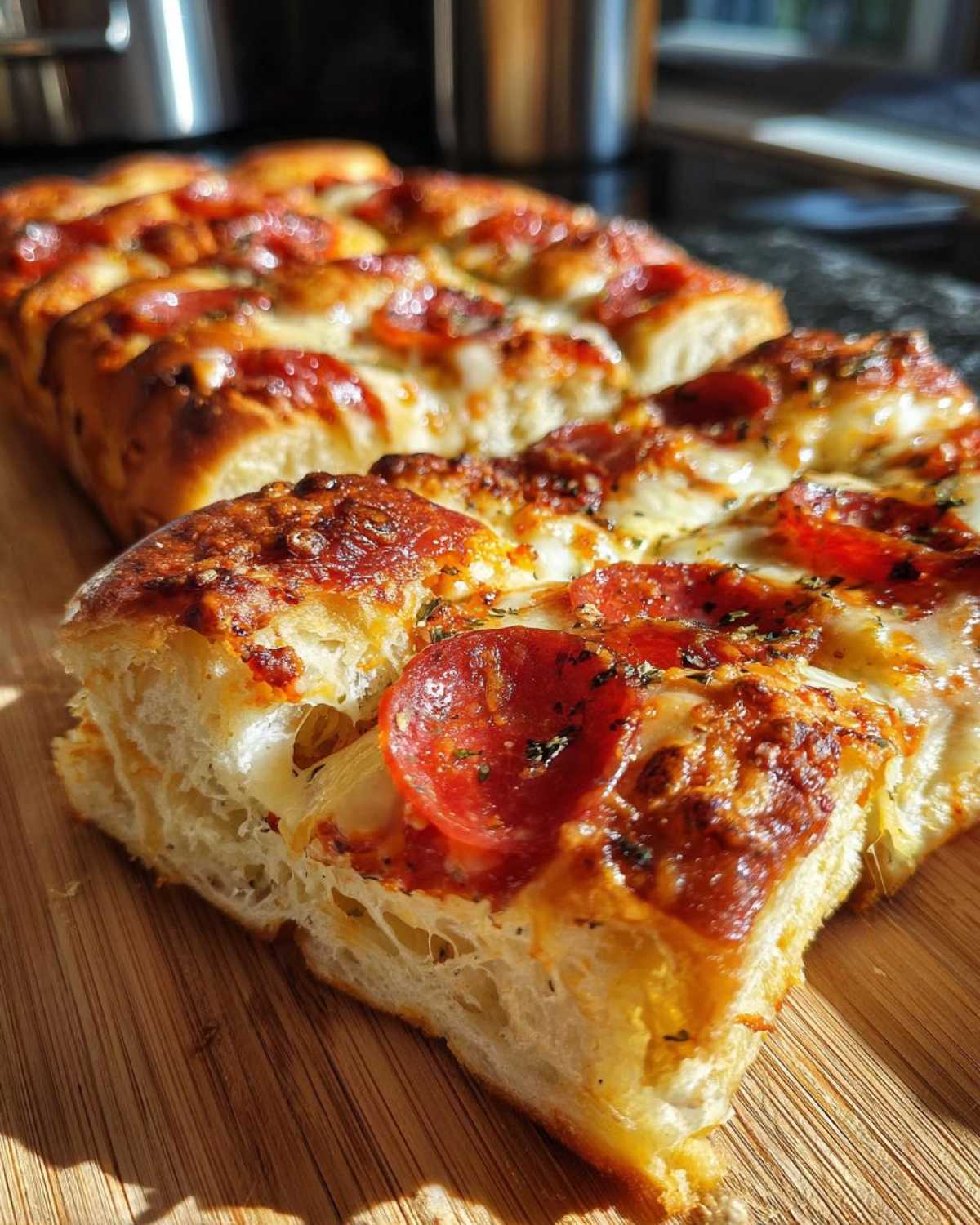 A close-up, low-angle shot of a freshly baked pepperoni pizza sliders section showing fluffy bread and melted cheese.