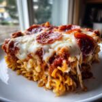 A close-up shot of a cheesy slice of pizza pasta bake topped with melted mozzarella and pepperoni.