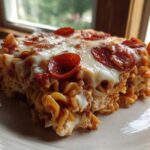 A close-up of a thick slice of pizza pasta bake topped with melted cheese and pepperoni slices.