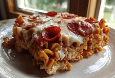 A close-up of a thick slice of pizza pasta bake topped with melted cheese and pepperoni slices.
