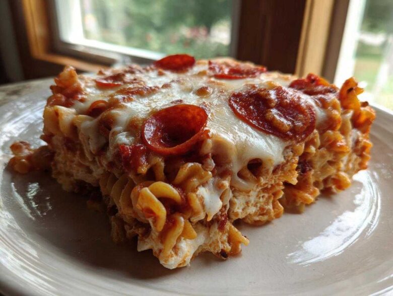 A close-up of a thick slice of pizza pasta bake topped with melted cheese and pepperoni slices.