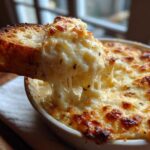 A piece of toasted bread is dipped into a hot, bubbly, cheesy bread dip, showing a long cheese pull.