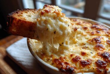 A piece of toasted bread is dipped into a hot, bubbly, cheesy bread dip, showing a long cheese pull.