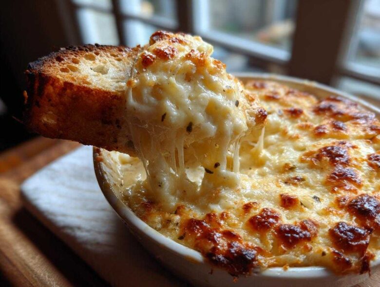A piece of toasted bread is dipped into a hot, bubbly, cheesy bread dip, showing a long cheese pull.