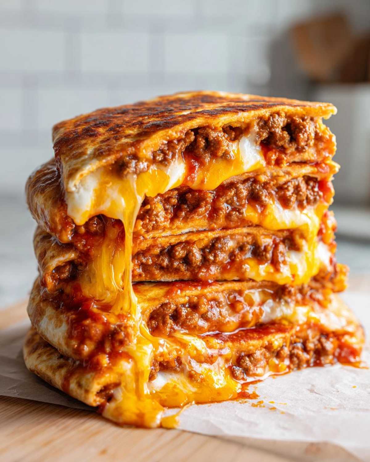 A tall stack of crispy, cheesy Mexican pizza slices oozing melted cheese and savory meat filling.
