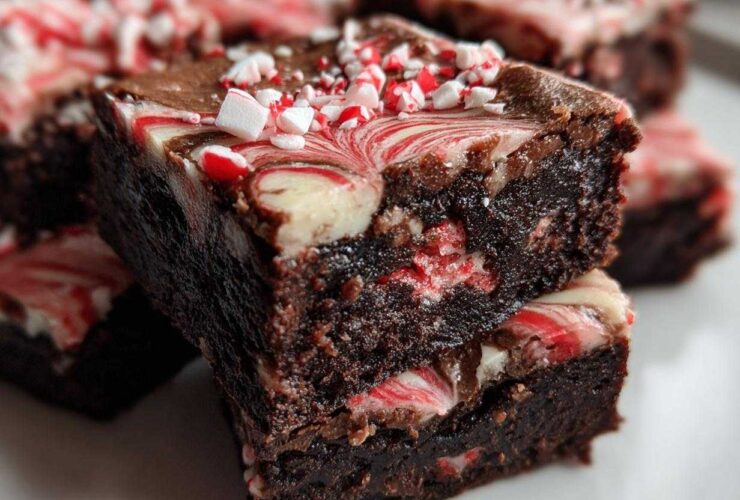 Two stacked, fudgy candy cane brownies featuring a peppermint swirl topping and crushed candy cane pieces.