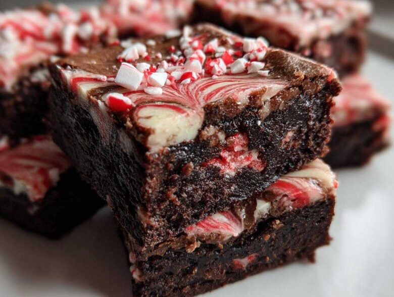 Two stacked, fudgy candy cane brownies featuring a peppermint swirl topping and crushed candy cane pieces.