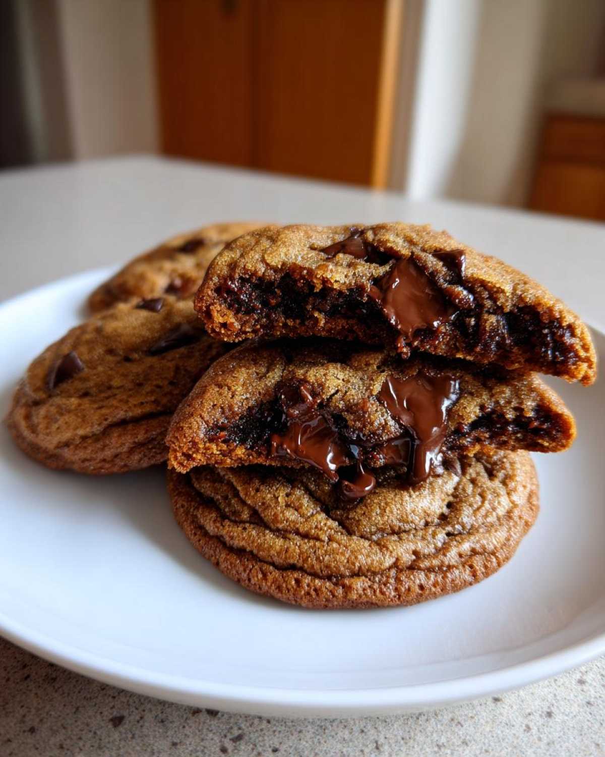 Close-up of chewy chocolate chip cookies, one broken in half revealing a gooey, melted chocolate center.