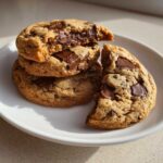 Stack of three incredibly chewy chocolate chip cookies, one broken open revealing a gooey, melted chocolate center.