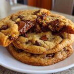 A stack of three golden brown chewy chocolate chip cookies, with the top one broken open revealing gooey, melted chocolate.