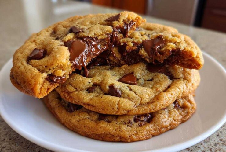 A stack of three golden brown chewy chocolate chip cookies, with the top one broken open revealing gooey, melted chocolate.