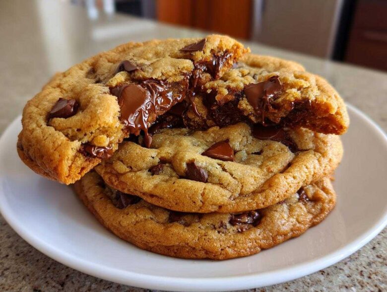 A stack of three golden brown chewy chocolate chip cookies, with the top one broken open revealing gooey, melted chocolate.