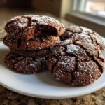 A stack of chewy chocolate gingersnap cookies coated in sparkling sugar on a white plate.
