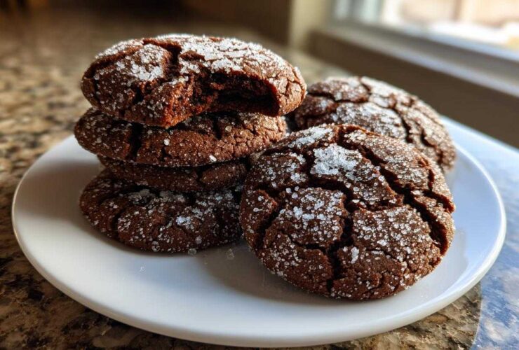 A stack of chewy chocolate gingersnap cookies coated in sparkling sugar on a white plate.